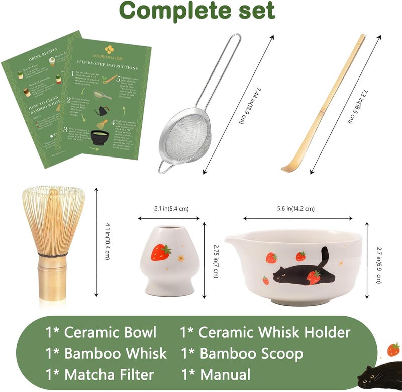 KOIMYSA Matcha Whisk Set, 5 Pcs Traditional Japanese Matcha Whisk Preparation Kit, White Glossy Ceramic Bowl with Black Cat and Strawberry Pattern - Image 4